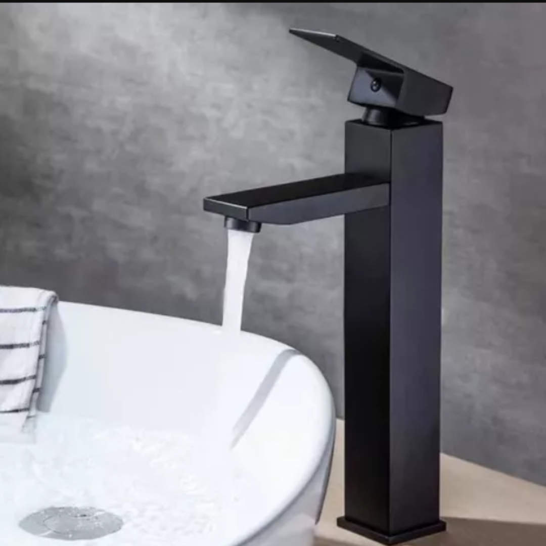 Llave Monomando Lavamanos Larga Color Negro Cuadrada 30 Cm