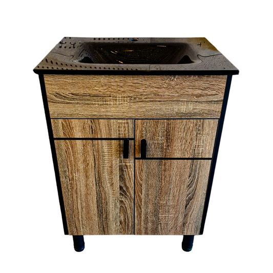 MUEBLE VANITORIO COLOR GRIS 60 CM+CUBIERTA VIDRIO TEMPLADO NEGRO